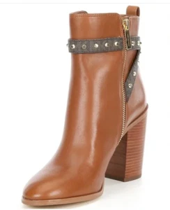 NWB Michael Kors Luggage Brown Farrah Leather Heel Ankle Booties Boots 9.5 - Picture 1 of 2