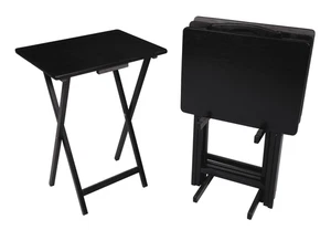 4-Piece Black Rubberwood Indoor Folding TV Tray Table Set with Storage Rack - Picture 1 of 12