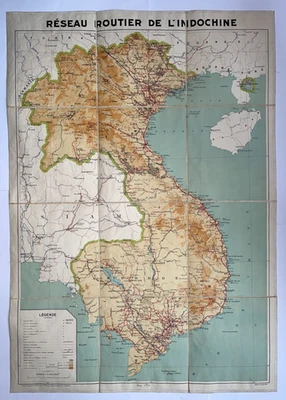 ИНДОКИТАЙ 1938 ОРИГИНАЛЬНАЯ ДОРОЖНАЯ НАСТЕННАЯ КАРТА НА ЛЬНЕ - Изображение 1 из 4