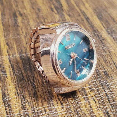Reloj Anillo Oro Rosa Redondo Cuarzo Banda Elástica. Cara verde oscuro. Nuevo con defectos Foto 1 de 4
