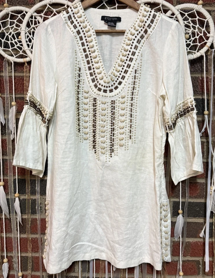 Blusa túnica ETCETERA LINO MARFIL manga campana hippie boho BEIGE CUENTAS talla 6 Foto 1 de 4