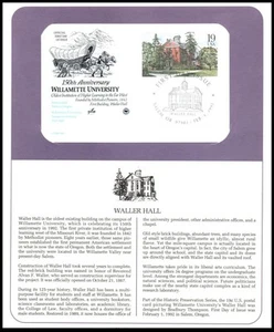 1992 Waller Hall Sc UX162 FDC PCS panel, 19¢ Willamette University Oregon campus - Picture 1 of 1