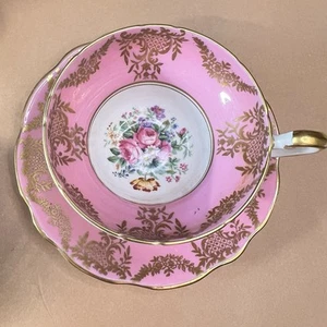 Tazza vintage E B rosa bianco con bordo oro e Sauser made in England - Foto 1 di 5