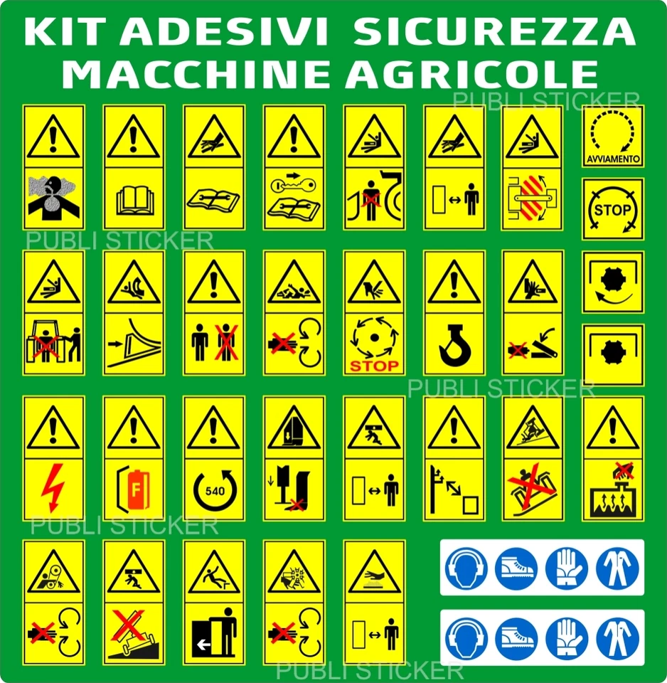 31 PITTOGRAMMI ADESIVI SEGNALE PERICOLO ISO 11684 MACCHINE AGRICOLE E FORESTALI - Immagine 1 di 1