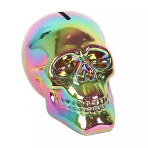 16Cm Metallic Iridescent Skull Money Piggy Bank Gift Present - Foto 1 di 2