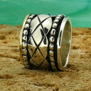 Spinner Contemporary Two Tone Solid 9k Yellow Gold Sterling Silver Ring Size - Picture 1 of 11