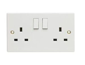 White Twin / Double Plug Electric Wall Socket Switched Square Edge with Screws