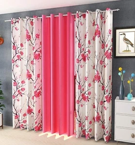 Pretty in Pink- Pack of 3 Polyester Floral Door Curtains- 7 Feet Each Decorative - Picture 1 of 9