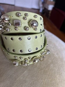 Betsey Johnson LIGHT GREEN  Belt Women  Silver Studded Genuine ITALIAN LEATHER L - Picture 1 of 18