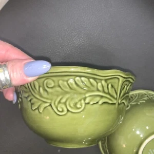JC Penney Home AMBERLY Olive Green Embossed - Lot of 3 soup cereal bowls - Picture 1 of 4