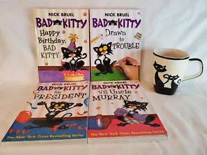 Bad Kitty By Nick Bruel Book Lot Of 4 And HuesNBrews Black Cat Mug Cup Lot Cats - Picture 1 of 20