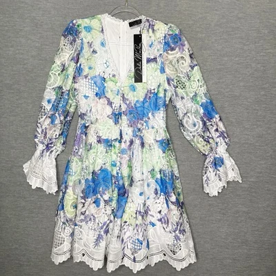 Dalia Macphee Floral Lace Long Sleeve Dress Size Small New FLAW Blue White Green - Image 1 of 4