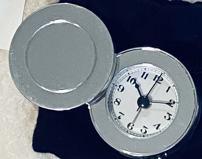 Pottery Barn Aldo Compact Travel Alarm Clock Silver Plated 2” With Dust Bag - Image 1 of 4