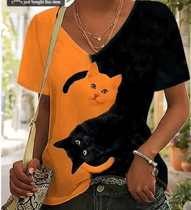 Women’s Cat T-shirt Double Cats Size XL Women X-Large shirt Black and Orange - Picture 1 of 2