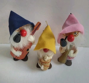 KURT ADLER Set of 3 Vintage Wooden Christmas Elf Gnome Musician Ornaments - Picture 1 of 7
