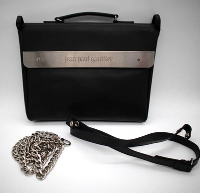 JPG Jean Paul Gaultier Vintage Metal Bar Black Hand Bag + Steel Link Strap - Image 1 of 4