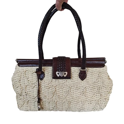 Brighton Shoulder Bag Womens Brown Leather Trim Woven Straw Heart Hardware Charm - Image 1 of 4
