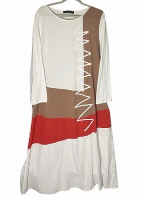 Asymmetrical Maxi Dress XXXL Cotton White Red Tan Color Block Art to Wear Pocket - Image 1 of 4