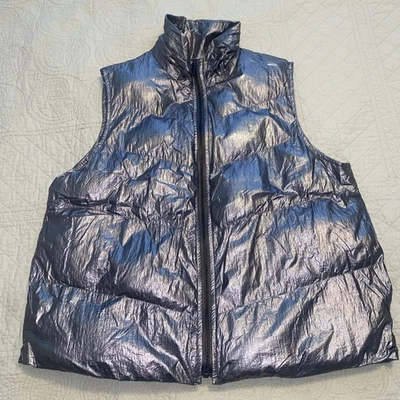 Nuevo $140 Anthropologie Traje Espacial Plateado Metálico Puffer Cremallera Cuello Chaleco Talla Mediana Foto 1 de 4