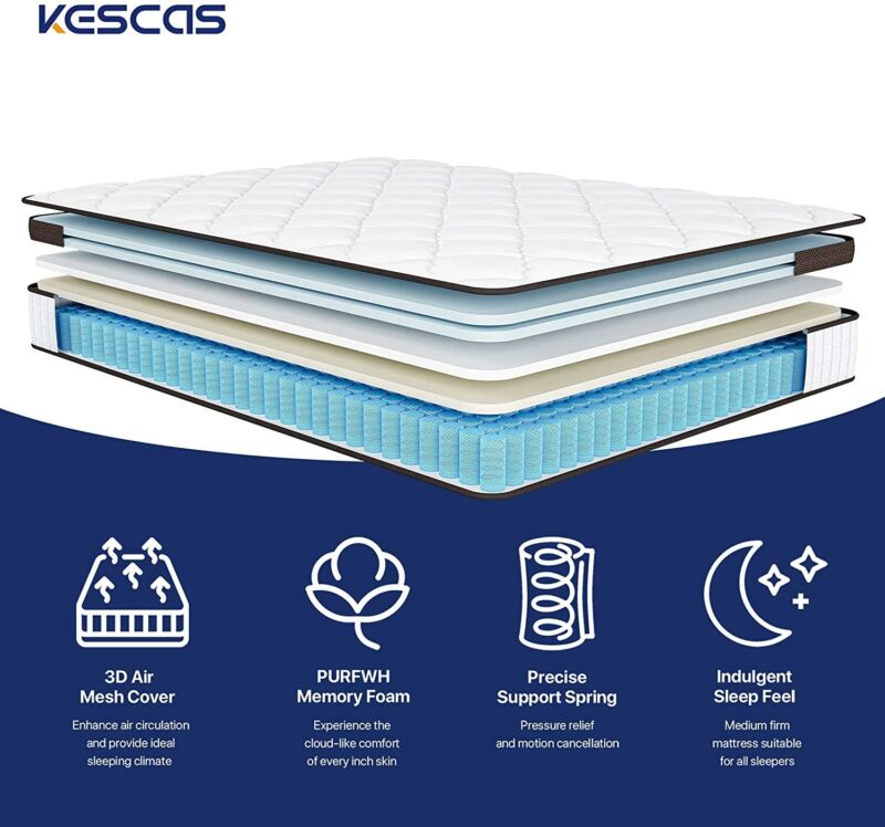 Sales Kescas 8/10/12 Inch Memory Foam Hybrid Mattress Twin Full Queen Bed Pad In a Box