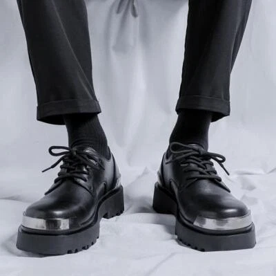 Zapatos Derby Informales Para Hombres Puntera Redonda Con Cordones Mocasín de Vestido Negro Motocicleta Oxfords  Foto 1 de 4