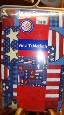 PATRIOTIC DECOR Vinyl Tablecloth 52"x70" PATRIOTIC STARS~Red, White, Blue    K17 - Image 1 of 2
