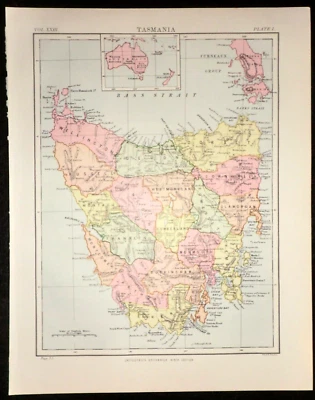 Mapa victoriano original de Tasmania, estado de Australia (1889) ex Britannica 9ª edición Foto 1 de 2