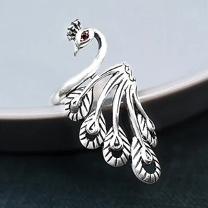 925 Sterling Silver Peacock Adjustable Ring Womens Girls Gift Accessories - Picture 1 of 5