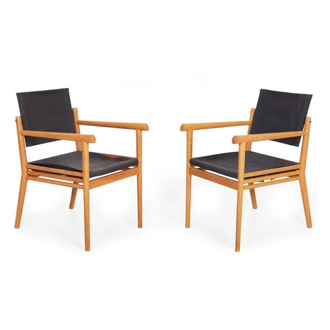 Pair of Wire-Brushed White Oak & Black Canvas Arm Chairs, 20th century Cover