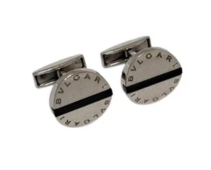 Bvlgari Cufflinks Round Onyx SV925 Silver Color Black Logo Box Men's Accessories - Picture 1 of 7