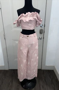ZARA PINK EMBROIDERED LINEN BLEND PANTS TROUSERS LEAF SET SMALL Style 2731/091 - Picture 1 of 24