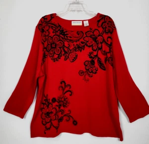 Alfred Dunner Women's 2X Red Black Cotton Acrylic Accented 3/4 Sleeve Sweater - Picture 1 of 9