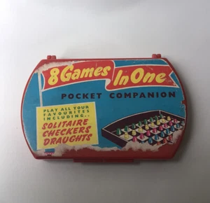 Vtg 8 Games In One Pocket Companion Solitaire Checkers Draughts Red Plastic Case - Picture 1 of 9