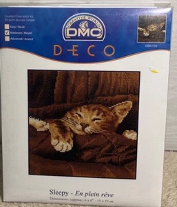 DMC Deco Sleepy Cat Counted Cross Stitch Kit 6"x6" Kitten Easy Quick - Picture 1 of 5