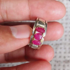 Original Ruby Ring Natural Ruby Band With Three Stones Ring 100% Sterling Silver - Picture 1 of 5