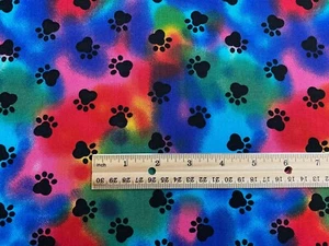 TIE DYE PAW PRINTS PETS DOG CAT PAWS RAINBOW COLORS COTTON GREAT FOR MASKS - Picture 1 of 2