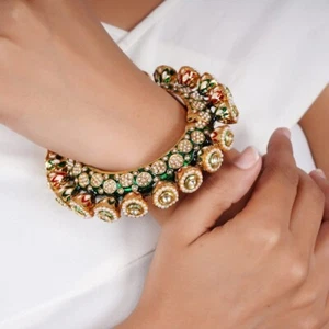 Classy Kundan Gold Plated Openable Bangle Back Meenakari Indian Jewelry Bridal - Picture 1 of 4