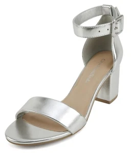 Sandalias de tacón grueso bajo CityClassified para mujer punta abierta correa para el tobillo CAKE-S plateadas - Imagen 1 de 5