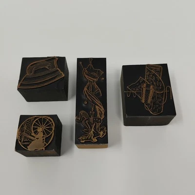 Vintage Letterpress Printing Print Block Copper Wood Sewing Mannequin Iron Set - Image 1 of 4