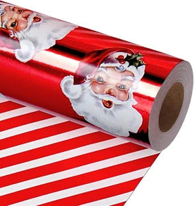 Vintage Santa Foil Wrapping Paper Roll – Double-Sided Christmas Gift Wrap with C - Picture 1 of 12