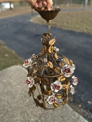 Vintage Italian Gilt Tole Capodimonte Porcelain Rose Flower Chandelier  3 Lights - Image 1 of 4