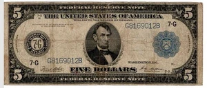 1914 $5.00 Blue Seal Federal Reserve Note - White/Mellon - 7-G Chicago - VG - Picture 1 of 2