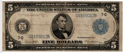 1914 $5.00 Blue Seal Federal Reserve Note - White/Mellon - 7-G Chicago - VG - Image 1 of 2