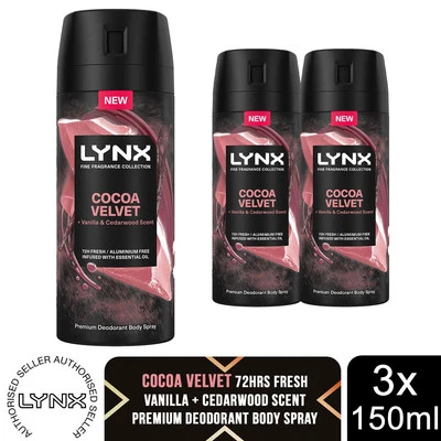 Lynx Body Spray Fine Fragrance Collection Cocoa Velvet for Men 150ml, 3 Pack