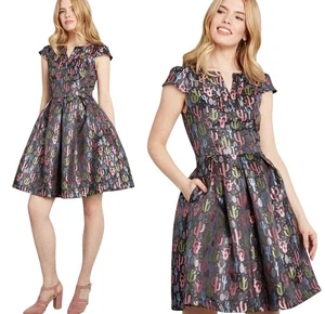 Modcloth Jacquard Cactus Print Fit & Flare Dress Black/Multi-Color Size 20 - Picture 1 of 7