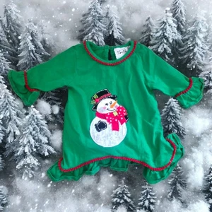 Rare Editions Baby Girls 12M Green Christmas Dress Snowman Appliqué Pom Pom Trim - Picture 1 of 4
