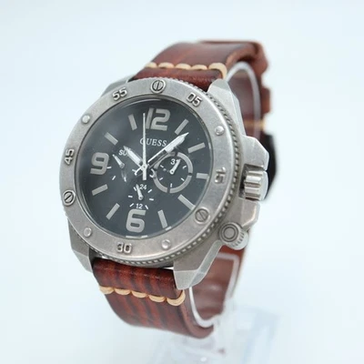 Guess Mens Viper Watch 48mm Jumbo Black Multifunction Dial Brown Leather Strap - Image 1 of 4