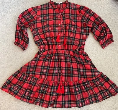 Simply Southern Red Plaid Tassels 3/4 Sleeve Dress Holiday Christmas Size XL - Image 1 of 4