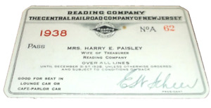 1938 READING CENTRAL OF NEW JERSEY CNJ EMPLOYEE PASS #62 VIP MANAGEMENT
