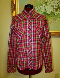 WMS PANHANDLE SLIM SZ M PINK/LIME COTTON/LUREX SNAP FRONT/2 POCKET WESTERN SHIRT - Picture 1 of 11